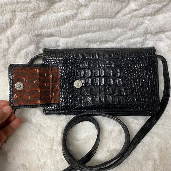 Brighton Vtg Clutch Embossed Organizer/Clutch Black Leather Cross Body Bag - Picture 8 of 11